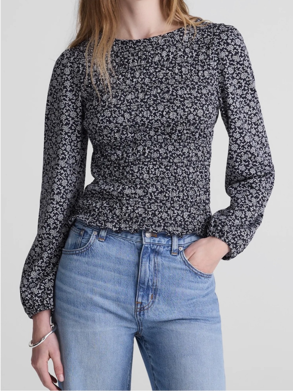 NWT Madewell Smocked Boat Neck Long Sleeve Cotton Blend Top Size: L